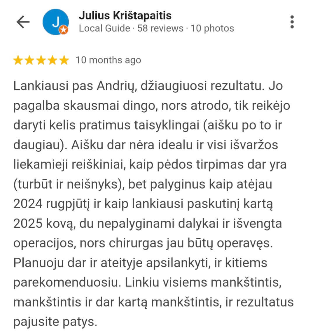 Kliento Juliaus atsiliepimas apie kineziterapeutą Andrių Fedosejevą