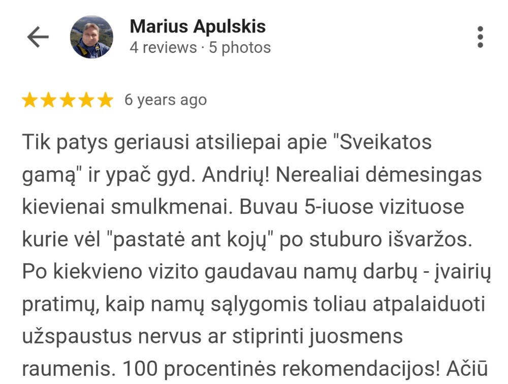 Kliento atsiliepimas apie sėkmingus nugaros skausmo sprendimus su kineziterapeutu Andriumi Fedosejevu